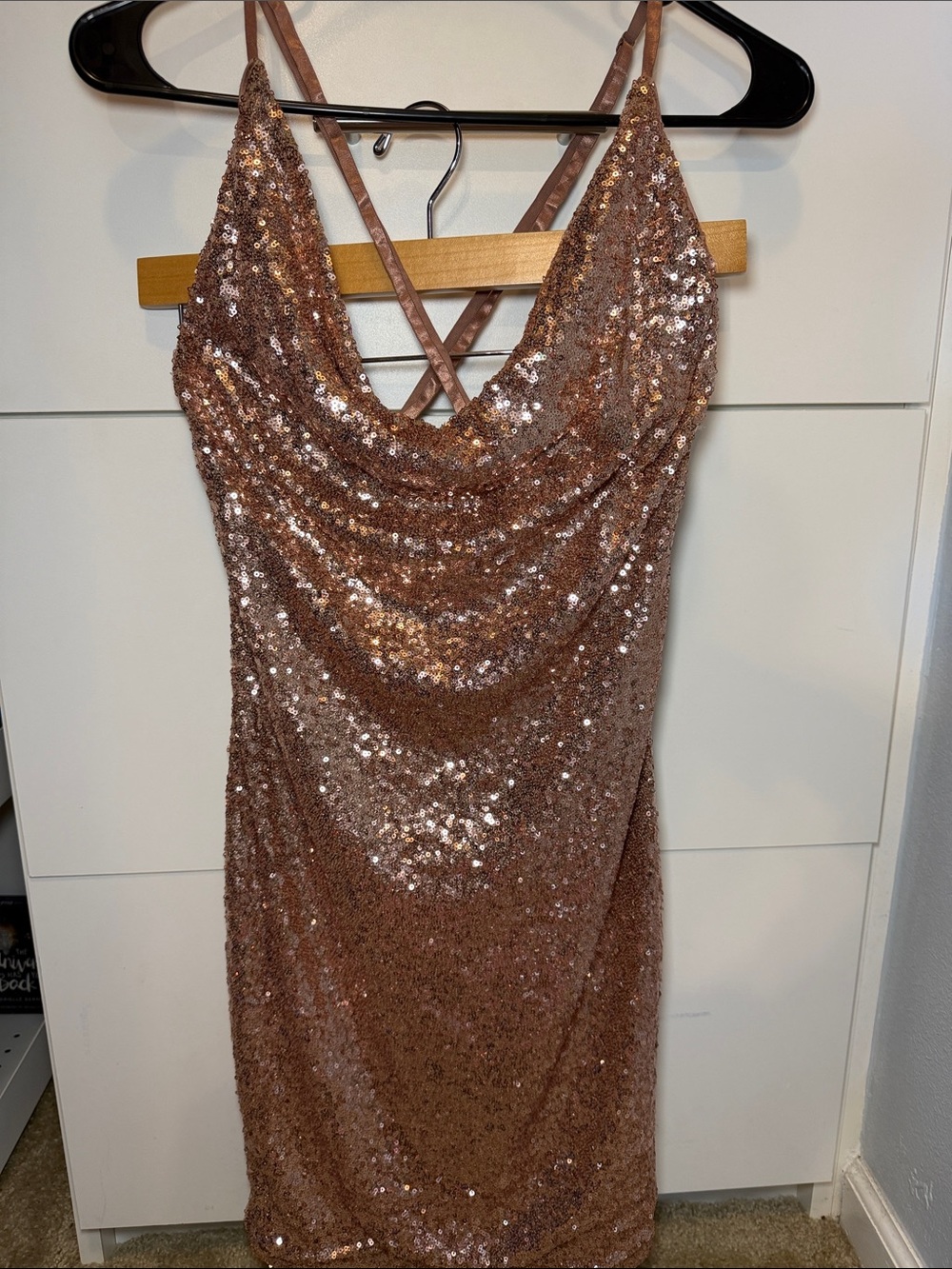 Fashion Nova Rose Gold Sequin Cowl Neck Mini Dress